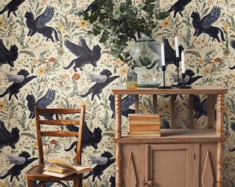 Black Cats Botanical Wallpaper - Forest Green Secret Garden Mural
