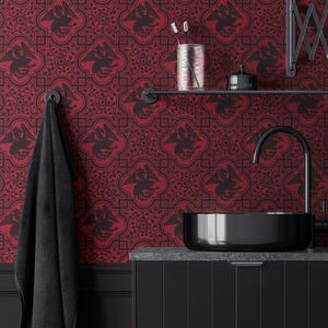 Victorian Mythical Dragon Wallpaper –  Removable and Vinyl Rhubarb Red Gothic Wallpaper, Medieval Fantasy Creature Wall Mural