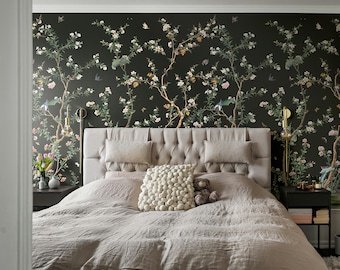 Tapete Chinoiserie Vintage Garten | Schwarzwald | Botanischer Vogel Wandbild (Remontierbar und Vinyl)