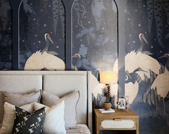 Kranich Garten gestickte Tapete Wandbild | Sternenregen-blauer Nachthimmel Kraniche | Chinoiserie (Abnehmbar und Vinyl)