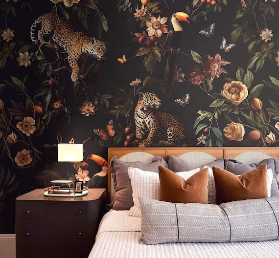 Exotic Jungle Wallpaper Mural | Dark Botanical Jaguar & Toucan - Removable or Vinyl