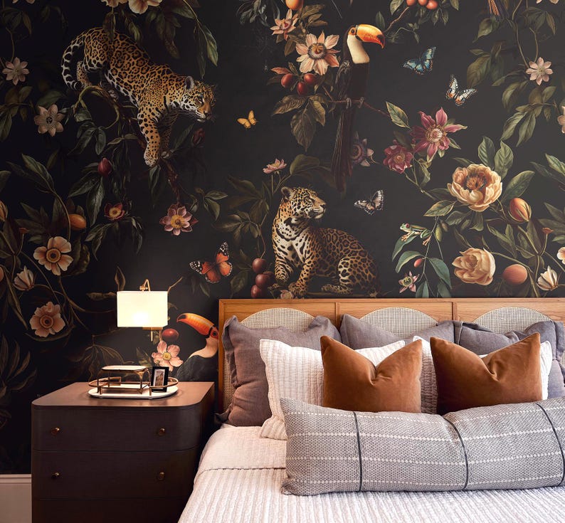 Exotic Jungle Wallpaper Mural | Dark Botanical Jaguar & Toucan - Removable or Vinyl image 1