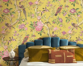 Artemis Birds Chinoiserie Tapete - Safran Vintage Gelb (entfernbar durch Aufkleben oder Vinyl)