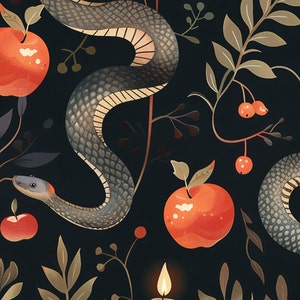 May include: Illustration of a snake winding through a dark background with apples, berries, and leaves. A lit candle is in the foreground. The snake is gray with a tan underbelly. The apples are red, and the berries are orange.