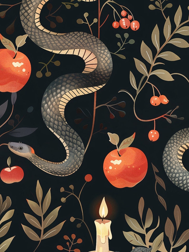 May include: Illustration of a snake winding through a dark background with apples, berries, and leaves. A lit candle is in the foreground. The snake is gray with a tan underbelly. The apples are red, and the berries are orange.
