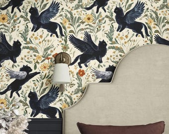 Black Cats Botanical Wallpaper - Forest Green Secret Garden Mural