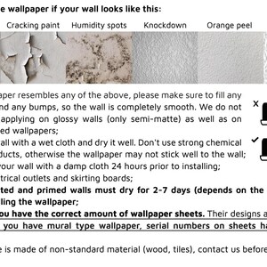 May include: Informational graphic with text about wallpaper application. It shows examples of unsuitable wall surfaces like unpainted, cracking paint, and popcorn texture. Instructions include wall preparation and drying times.