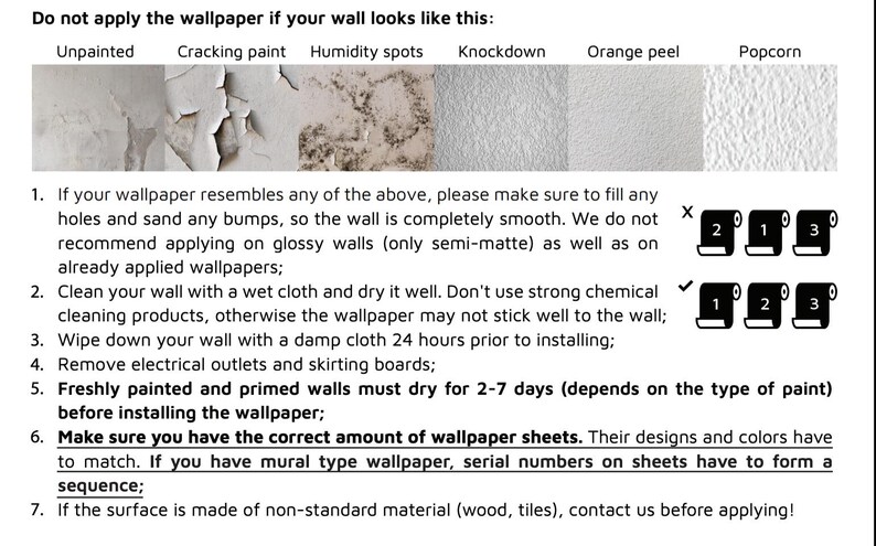 May include: Informational graphic with text about wallpaper application. It shows examples of unsuitable wall surfaces like unpainted, cracking paint, and popcorn texture. Instructions include wall preparation and drying times.