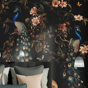 Dark botanical Peacock and monkey Wallpaper, exotic tropical jungle - Lemurs, Black Panther, Butterflies