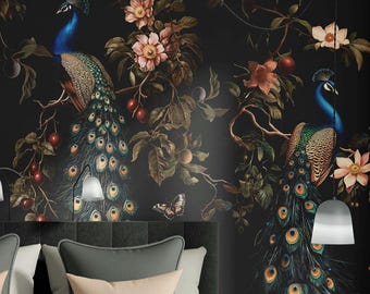 May include: A dark wallpaper mural featuring two peacocks with blue necks and long, patterned tail feathers perched on branches among pink flowers, green leaves, small red fruits, and a butterfly against a black background.