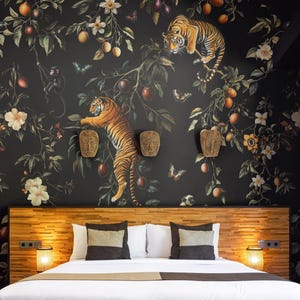 Dark Jungle Animal Wallpaper – Tigers, Monkeys, Tropical Butterflies & Birds, Exotic Botanical Wall Mural Art