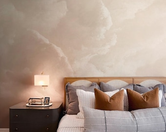 Vintage Wolken Wandbild Tapete - Beige gemalter Himmel Landschaftswandkunst, abnehmbar und Vinyl