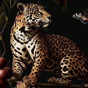 May include: A jaguar with black spots sits on a branch with pink flowers and green leaves. The jaguar is looking to the right. A butterfly is flying in the background.