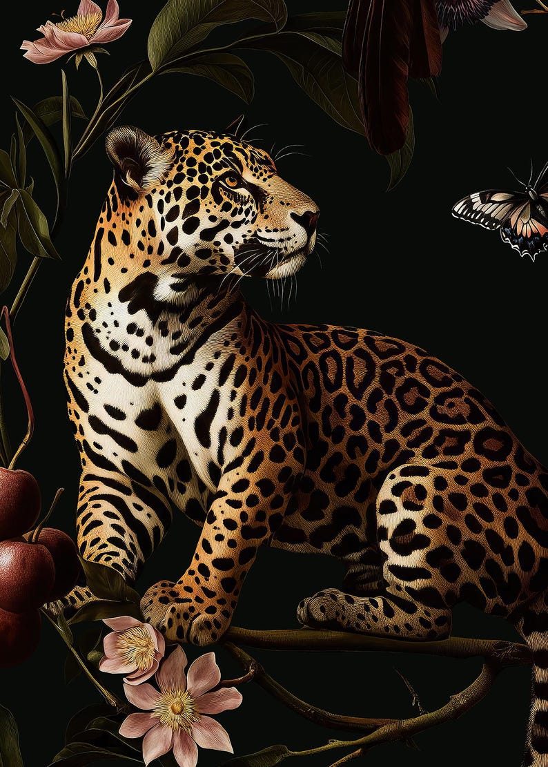 May include: A jaguar with black spots sits on a branch with pink flowers and green leaves. The jaguar is looking to the right. A butterfly is flying in the background.