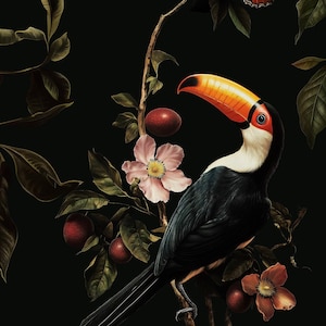 May include: A toucan with an orange beak perched on a branch with pink flowers and dark green leaves against a black background. A butterfly with orange and black wings is also visible.