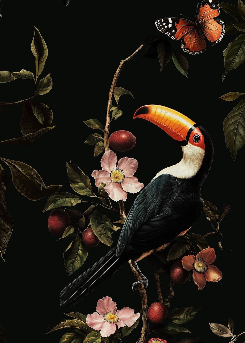 May include: A toucan with an orange beak perched on a branch with pink flowers and dark green leaves against a black background. A butterfly with orange and black wings is also visible.