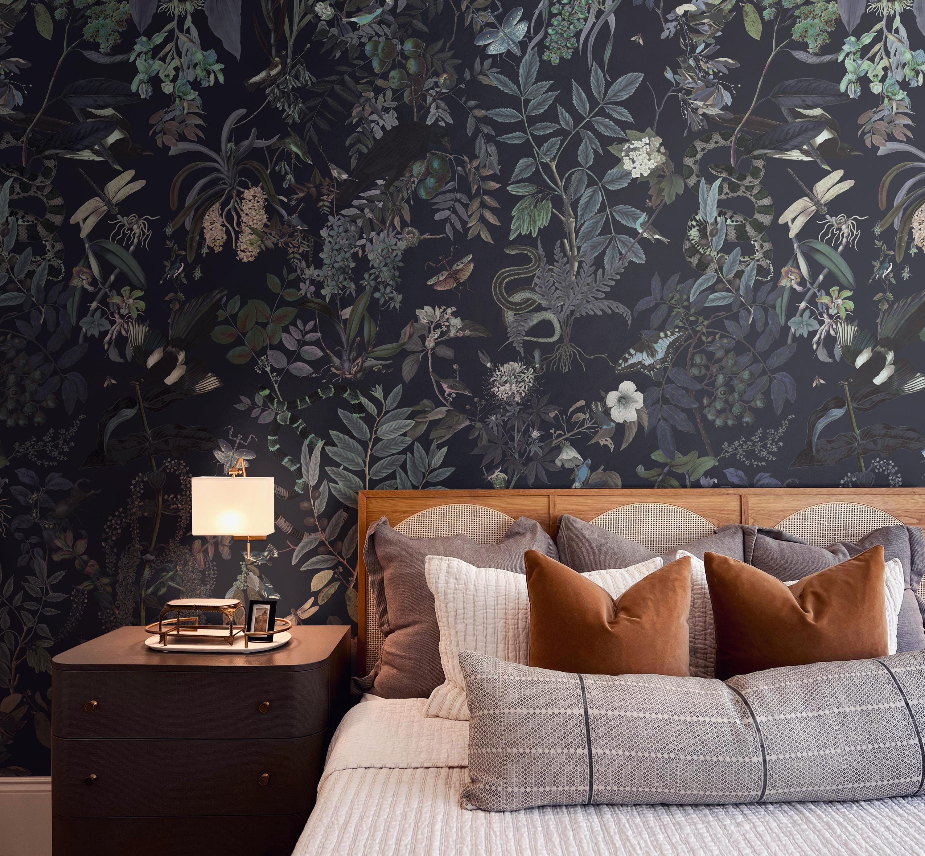 Dark Botanical Wallpaper: Midnight Blue Jungle Mural with Snakes & Birds