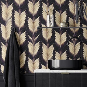 Dark Elegant Feather Wallpaper – Beige and Black Art Deco Wall Mural, Stylish Modern Custom Wallpaper