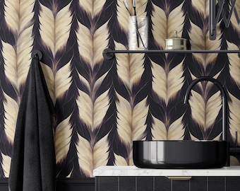 Dark Elegant Feather Wallpaper – Beige and Black Art Deco Wall Mural, Stylish Modern Custom Wallpaper