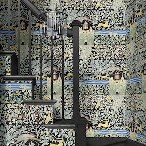 Medieval Castle Forest Wallpaper – Black Magic – Dark Vintage Fairytale with Deer & Dog – Peel and Stick or Vinyl – Custom Size
