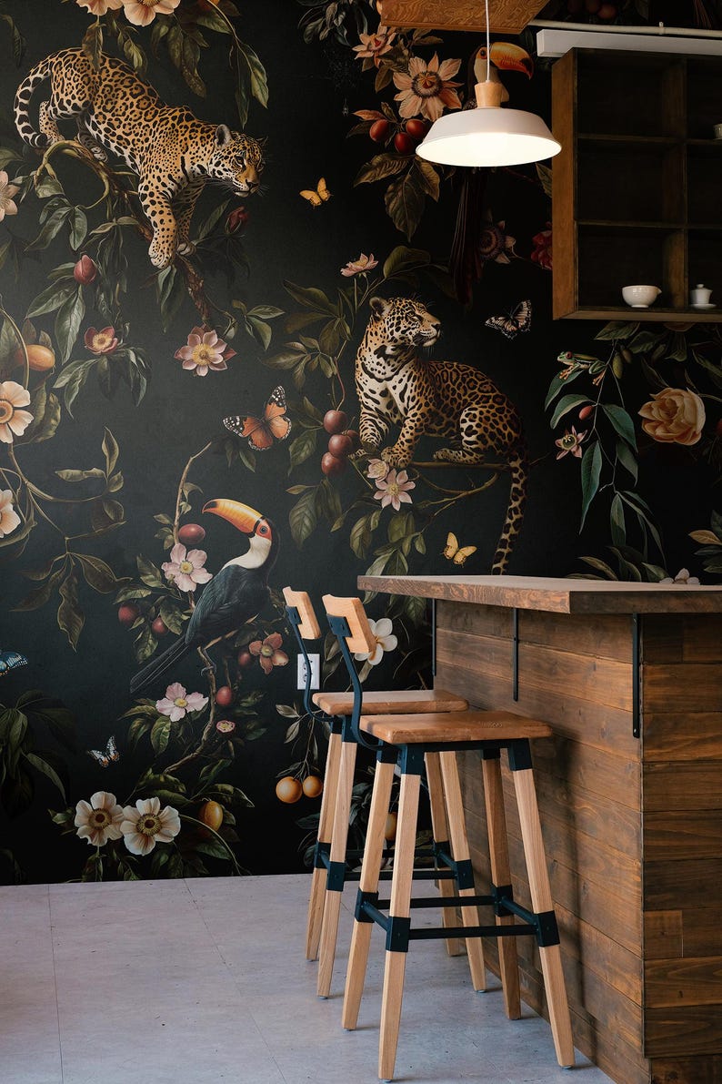 Exotic Jungle Wallpaper Mural | Dark Botanical Jaguar & Toucan - Removable or Vinyl image 2