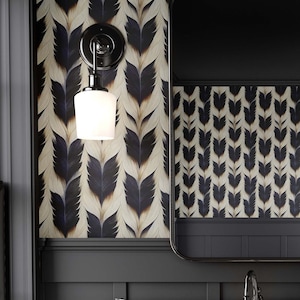 Elegant Feathers Wallpaper – Beige and Black art deco removable or vinyl wall murals, Stylish modern custom wallpaper