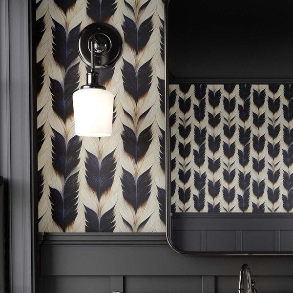 Elegant Feather Wallpaper | Black Beige : Removable Peel and Stick or Vinyl
