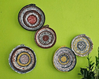 Set of 5 Fabric Rope Baskets Wall Art, Upcycled Colorful Boho Fabric Wall Hanging, Grouping of Shallow Coiled Rope Bowls Home Decor