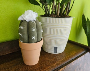 Fabric Cactus Decor, Handmade Artificial Plant, Upcycled Textile Table Decor, Green Cactus with White Flower in Terracotta Pot