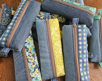 Upcycled Denim Boxy Pencil Case, Petite Zipper Pouch in Shades of Blue and Green, Recycled Jeans Pencil Pouch, Floral, Modern  Zipper Case