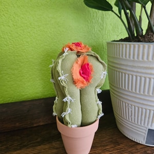 Fabric Cactus Decor, Handmade Artificial Plant, Upcycled Textile Table Decor, Green Cactus with Orange and Red Flowers in Terracotta Pot image 1