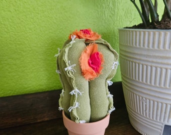 Fabric Cactus Decor, Handmade Artificial Plant, Upcycled Textile Table Decor, Green Cactus with Orange and Red Flowers in Terracotta Pot