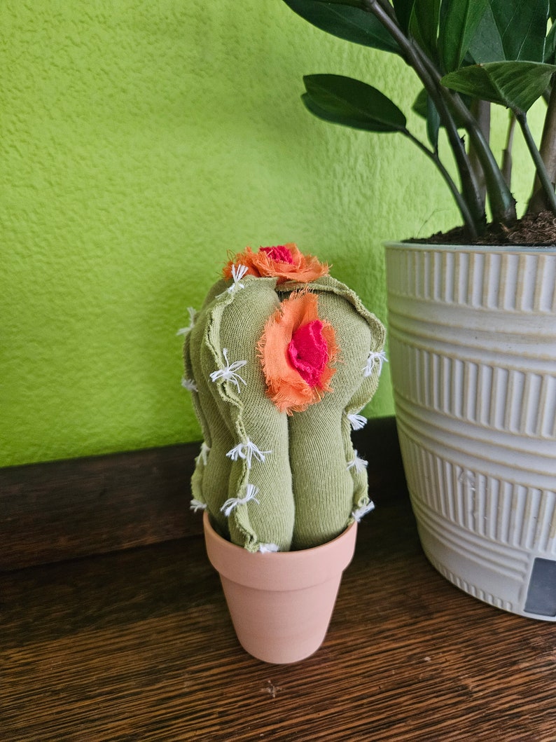 Fabric Cactus Decor, Handmade Artificial Plant, Upcycled Textile Table Decor, Green Cactus with Orange and Red Flowers in Terracotta Pot image 1