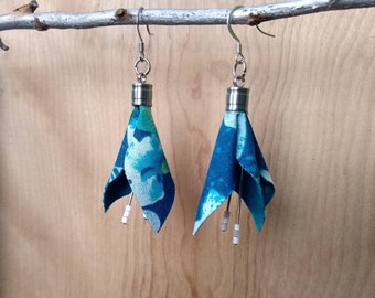 Handmade Botanical Fabric Dangle Earrings, Blue Flower Earrings