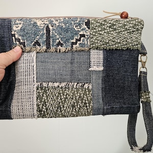 Upcycled Denim and Woven Patchwork Clutch, Large Wristlet Purse with Tapestry and Jean Fabric Fringe, Scrappy Look Handmade Bag