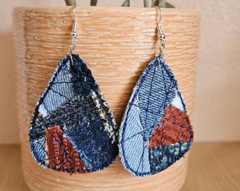 Unique Teardrop Statement Earring, Large Upcycled Denim Earrings, Textile Art Jewelry