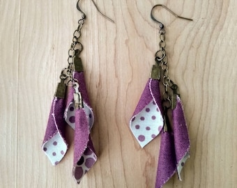 Purple Polka Dot Fabric Earrings, Flower Petal Dangle Earrings, Antique Bronze Tone Long Earrings, Dangle Flower Chain Earrings