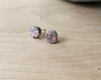 Round Cement Stud Earrings, Small Gray Circle Earrings, Modern Concrete Jewelry, Stone Look Earrings with Pink Metallic Foil, Circle Studs