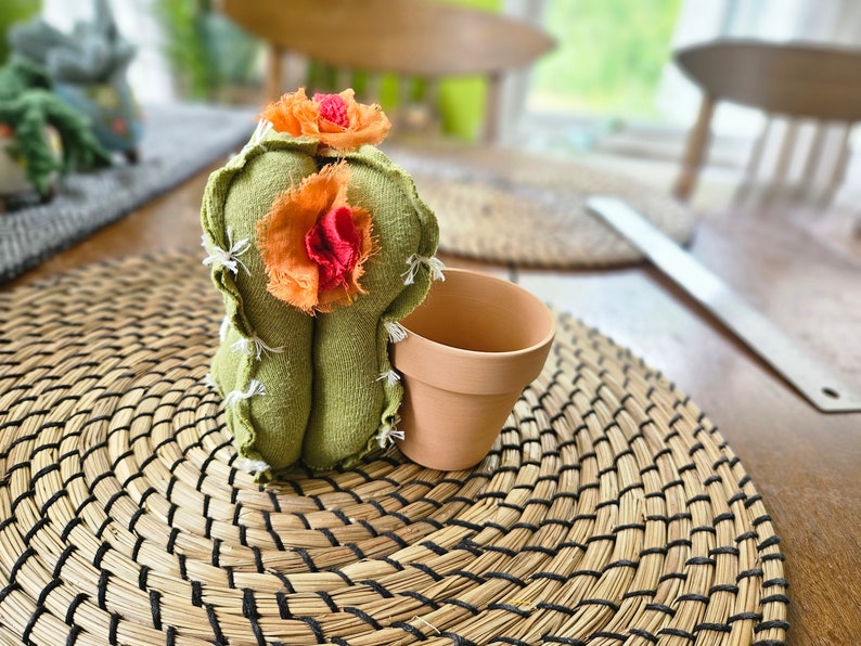 Fabric Cactus Decor, Handmade Artificial Plant, Upcycled Textile Table Decor, Green Cactus with Orange and Red Flowers in Terracotta Pot image 6