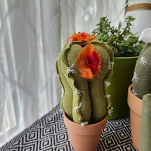 Fabric Cactus Decor, Handmade Artificial Plant, Upcycled Textile Table Decor, Green Cactus with Orange and Red Flowers in Terracotta Pot image 3