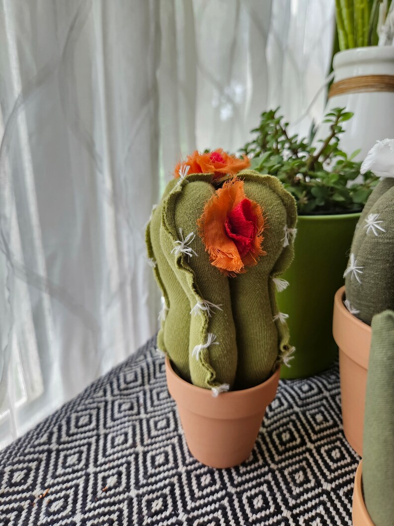 Fabric Cactus Decor, Handmade Artificial Plant, Upcycled Textile Table Decor, Green Cactus with Orange and Red Flowers in Terracotta Pot image 3