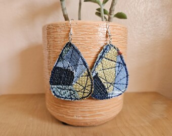 Unique Teardrop Statement Earring, Large Upcycled Denim Earrings, Textile Art Jewelry
