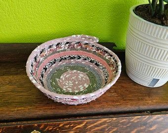 Upcycled Fabric Rope Bowl, Colorful Coiled Fabric Bowl, Fabric Basket Bowl or Boho Fabric Home Decor, Pink and Green Decorative Bowl