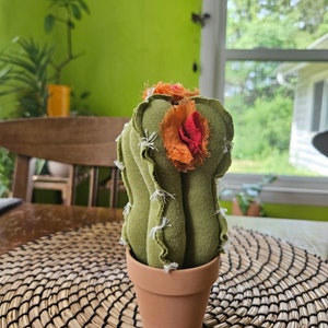 Fabric Cactus Decor, Handmade Artificial Plant, Upcycled Textile Table Decor, Green Cactus with Orange and Red Flowers in Terracotta Pot image 4