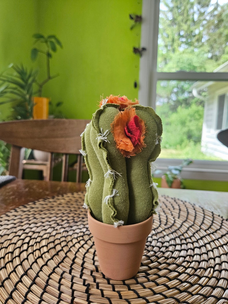 Fabric Cactus Decor, Handmade Artificial Plant, Upcycled Textile Table Decor, Green Cactus with Orange and Red Flowers in Terracotta Pot image 4