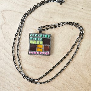 Purple Green and Orange Glass Art Necklace, Modern Glass Mosaic Art Pendant, Bright and Colorful Boho Jewelry, Square Gunmetal Necklace