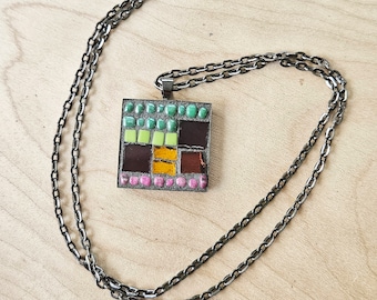 Purple Green and Orange Glass Art Necklace, Modern Glass Mosaic Art Pendant, Bright and Colorful Boho Jewelry, Square Gunmetal Necklace
