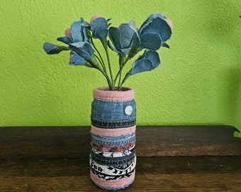 Unique Pink and Blue Vase with Handmade Fabric Flowers, Denim Flowers, Boho Decor Artificial Flower Arrangement in Fabric Glass Jar Vase