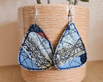 Unique Teardrop Statement Earring, Large Upcycled Denim Earrings, Textile Art Jewelry