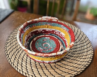 Upcycled Fabric Rope Bowl, Colorful Coiled Fabric Bowl, Fabric Basket Bowl or Boho Fabric Home Decor,  Unique Decorative Bowl, Red and Green